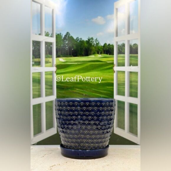 Atasi Blue (MD) Ceramic Planter Pot with Saucer Attached - Picture 1 of 9